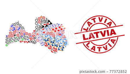 Latvia Distress Watermark and Latvia Map Collage of Different Symbols Latvia Distress Watermark and Latvia Map Collage of Different Symbols 77372852