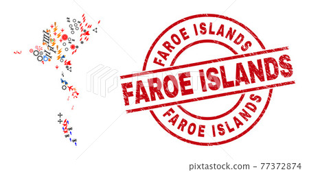 Faroe Islands Grunge Seal and Faroe Islands Map Mosaic of Different Items 77372874