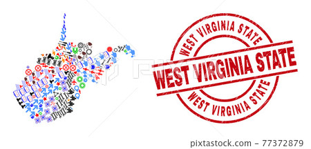 West Virginia State Distress Badge and West Virginia State Map Collage of Different Pictograms West Virginia State Distress Badge and West Virginia State Map Collage of Different Pictograms 77372879