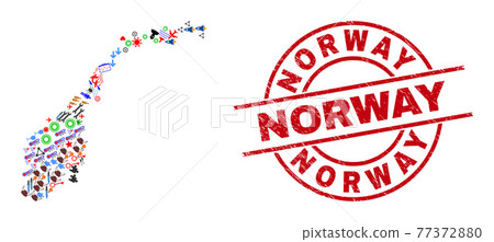 Norway Distress Stamp Seal and Norway Map Mosaic of Different Pictograms 77372880