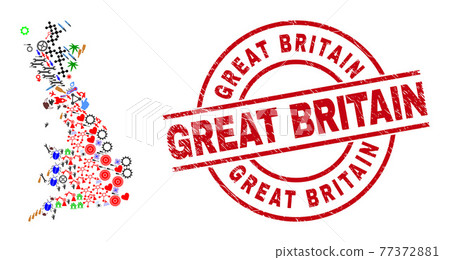 Great Britain Textured Seal and Great Britain Map Collage of Different Symbols Great Britain Textured Seal and Great Britain Map Collage of Different Symbols 77372881