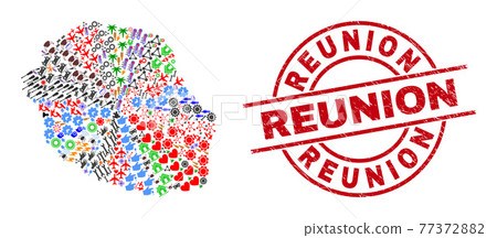 Reunion Scratched Stamp Seal and Reunion Island Map Mosaic of Different Symbols Reunion Scratched Stamp Seal and Reunion Island Map Mosaic of Different Symbols 77372882