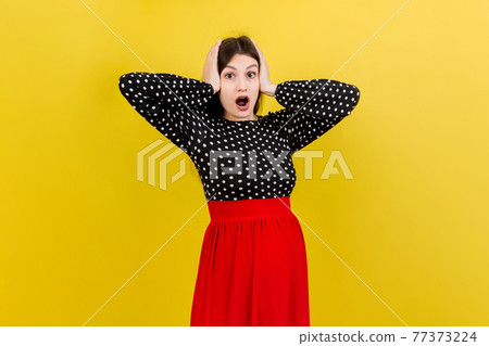 Young surprise or shocked woman pregnant isolated colored background. expression female Young surprise or shocked woman pregnant isolated colored background. expression female 77373224