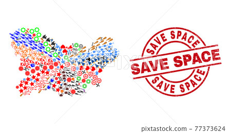 Save Space Textured Stamp Seal and Ourense Province Map Mosaic of Different Icons 77373624