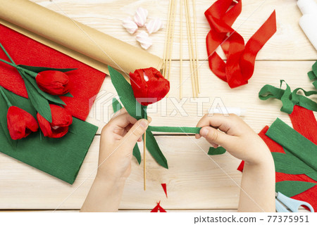 How to make a tulip flower out of paper and marshmallows at home. Marshmallow inside a red tulip bud. Hands make a red tulip. Step-by-step instruction. DIY children's art project 77375951