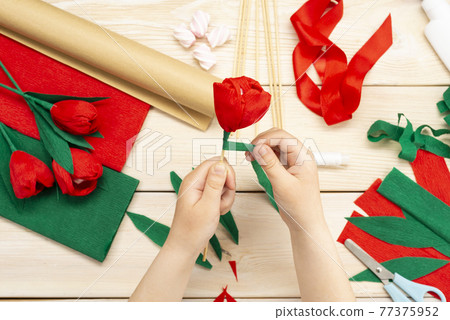 How to make a tulip flower out of paper and marshmallows at home. Marshmallow inside a red tulip bud. Hands make a red tulip. Step-by-step instruction. DIY children's art project 77375952