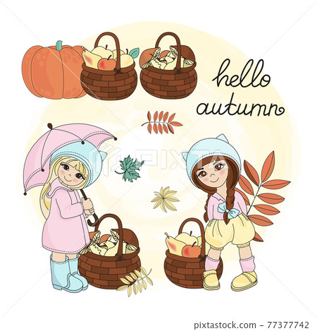 HELLO AUTUMN Nature Season Girl Cartoon Clip Art Vector Illustration Set For Print 77377742