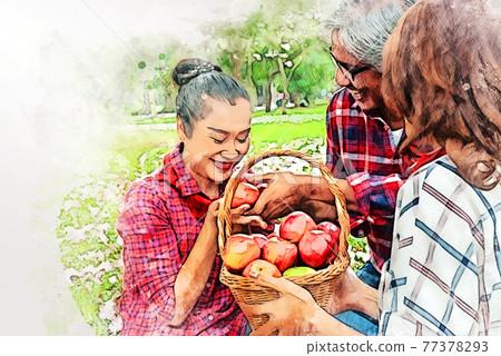 Abstract colorful shape beautiful woman holding apple fruits on watercolor illustration painting background. Abstract colorful shape beautiful woman holding apple fruits on watercolor illustration painting background. 77378293