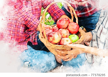 Abstract colorful shape beautiful woman holding apple fruits on watercolor illustration painting background. 77378295