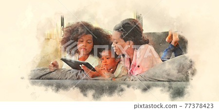 Abstract colorful kid girl reading tablet smart on bedroom on watercolor illustration painting background. Abstract colorful kid girl reading tablet smart on bedroom on watercolor illustration painting background. 77378423