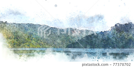 Abstract colorful shape on mountain peak and tree landscape on watercolor illustration painting background. 77378702