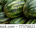Ripe watermelons sell fresh produce on the market. 77378822