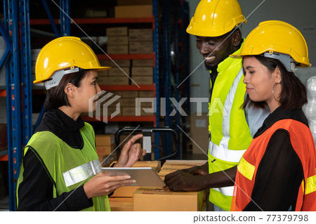 Warehouse worker working together in the storehouse Warehouse worker working together in the storehouse 77379798