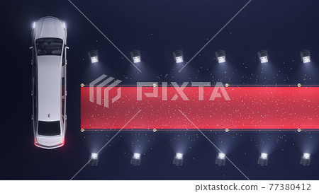 3d render red carpet with a limousine and volume light top views and confetti 3d render red carpet with a limousine and volume light top views and confetti 77380412