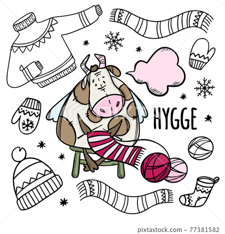 COW KNITS WARM WINTER CLOTHES New Year Merry Christmas Cartoon Holiday Bull Hand Drawn Hygge Monochrome Clip Art Vector Illustration Set For Print COW KNITS WARM WINTER CLOTHES New Year Merry Christmas Cartoon Holiday Bull Hand Drawn Hygge Monochrome Clip Art Vector Illustration Set For Print 77381582