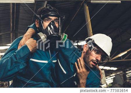 Skillful factory worker rescue his teammate out of poisonous gas leakage Skillful factory worker rescue his teammate out of poisonous gas leakage 77381654