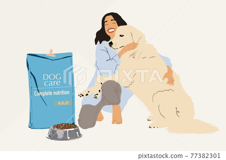 Domestic dog sitting next to full dry food bowl and bag package. Domestic dog sitting next to full dry food bowl and bag package. 77382301