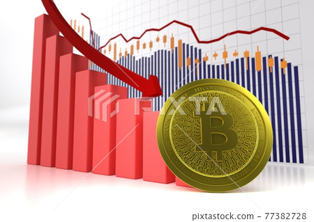 Gold bitcoin coin with downtrend charts on... - Stock Illustration ...