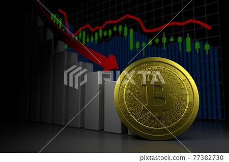 Gold bitcoin coin with downtrend charts on... - Stock Illustration ...