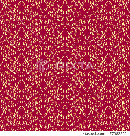 Seamless damask floral pattern. Baroque wallpaper. Vintage gold ornament on red background. Jpeg illustration 77382831