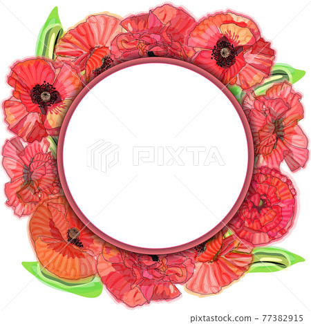 Poppy flower wreath, round frame, sketch and imitation watercolor 77382915