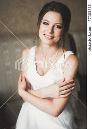 Beautiful bride wearing fashion wedding dress with feathers with luxury delight make-up and hairstyle, studio indoor photo shoot 77383318