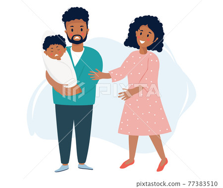 A dark-skinned ethnic family with a newborn son, a stressful situation. A sad black man holds a crying baby in his arms. Nearby, a woman smiles and comforts. Vector illustration A dark-skinned ethnic family with a newborn son, a stressful situation. A sad black man holds a crying baby in his arms. Nearby, a woman smiles and comforts. Vector illustration 77383510