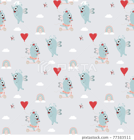 Seamless pattern with cute monsters. A pair of blue winged monsters - a girl in a skirt is riding a scooter with a balloon and a boy on a light blue background with a rainbow and butterflies. Vector 77383511