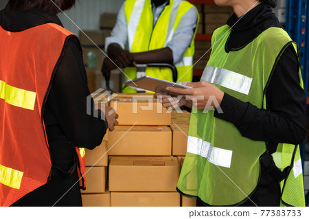 Warehouse worker working together in the storehouse 77383733
