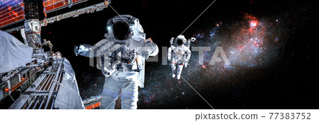 Astronaut spaceman do spacewalk while working for space station 77383752