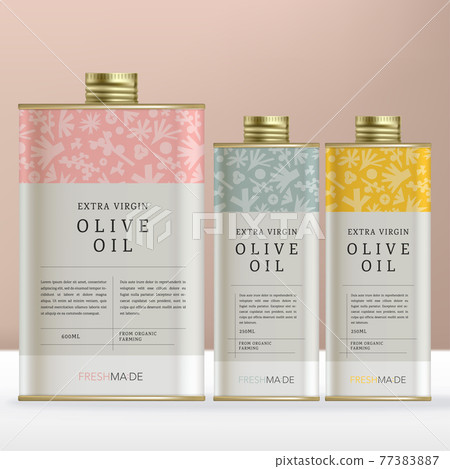 Vector Rectangular Tin Box or Bottle Packaging for Olive Oil Products with Minimal Floral Pattern. 77383887