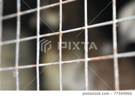 Rusty steel wire mesh fence. Selective focus and blurred background. 77384068