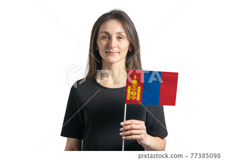 Happy young white girl holding Mongolia flag isolated on a white background Happy young white girl holding Mongolia flag isolated on a white background 77385098