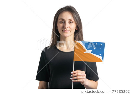 Happy young white girl holding Argentine Antarctica flag isolated on a white background Happy young white girl holding Argentine Antarctica flag isolated on a white background 77385202