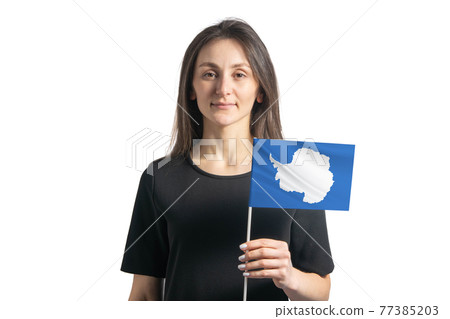 Happy young white girl holding Antarctica flag isolated on a white background Happy young white girl holding Antarctica flag isolated on a white background 77385203
