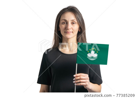 Happy young white girl holding Macau flag isolated on a white background 77385209