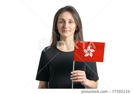 Happy young white girl holding Hong Kong flag isolated on a white background 77385210