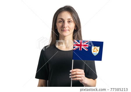 Happy young white girl holding Anguilla flag isolated on a white background Happy young white girl holding Anguilla flag isolated on a white background 77385213