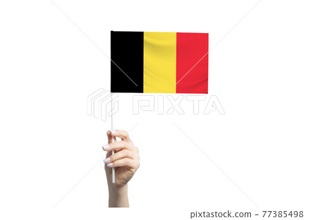 Beautiful female hand holding Belgium flag, isolated on white background 77385498