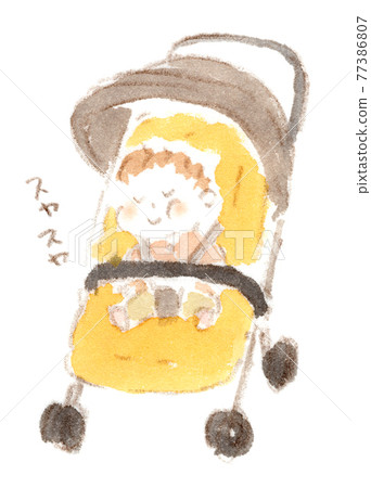一個蹣跚學步的孩子在嬰兒車裡睡得很舒服的水彩插圖 一個蹣跚學步的孩子在嬰兒車裡睡得很舒服的水彩插圖 77386807