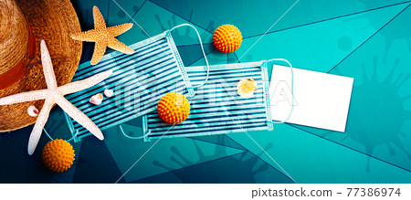 Hat with starfish and corona virus masks on vacation 77386974