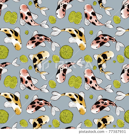 Watercolor sketch Koi - japanese amur carp seamless pattern with lotus plant 77387931