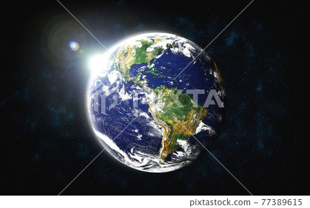 Planet earth globe view from space showing realistic earth surface and world map 77389615