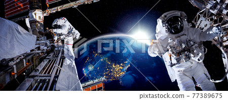 Astronaut spaceman do spacewalk while working for space station Astronaut spaceman do spacewalk while working for space station 77389675