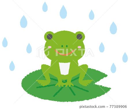 一個可愛的青蛙角色坐著下雨的插圖 一個可愛的青蛙角色坐著下雨的插圖 77389906