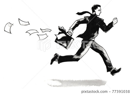 Running businessman. Ink black and white drawing 77391038
