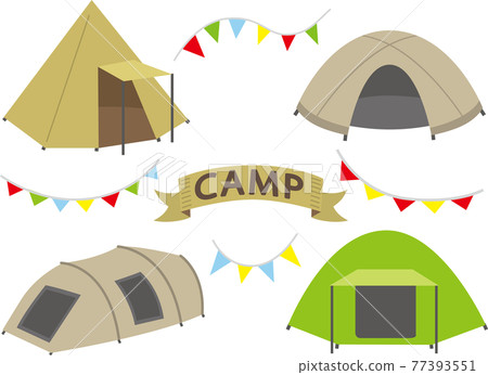 Camping equipment, differently shaped tents and CAMP flags, garland 77393551