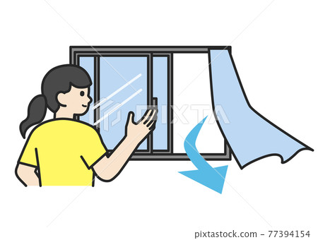 Illustration material of a woman opening a window to ventilate a room 77394154