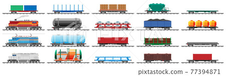 Set of train cargo wagons, cisterns, tanks, cars Set of train cargo wagons, cisterns, tanks, cars 77394871