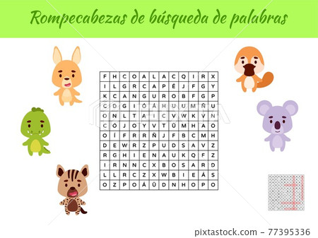 Word search puzzle. Educational game for study Spanish words. Kids activity worksheet colorful printable version with answers. Vector stock illustration Word search puzzle. Educational game for study Spanish words. Kids activity worksheet colorful printable version with answers. Vector stock illustration 77395336